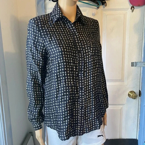 Rebecca Minkoff Womens Black Tan Abstract Silk Long Sleeve Button-Up Shirt Sz 2 - Picture 9 of 13